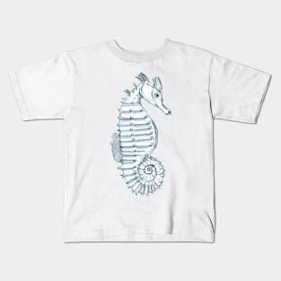 Pencil Sketch of a Seahorse on Calm Blue Kids T-Shirt